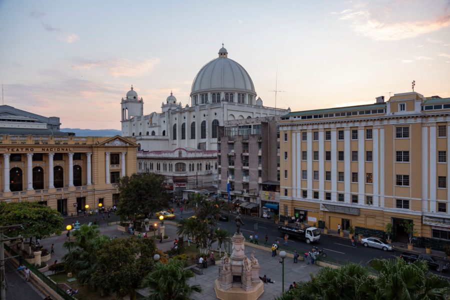 San Salvador, El Salvador, Central America, Februar 06, 2014:"nEl Centro historico de San Salvador, San Salvador Cathedral and national Theater, Street Scene at San Salvador downtown